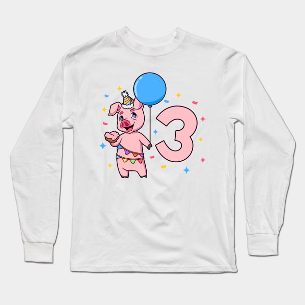I am 3 with pig - kids birthday 3 years old Long Sleeve T-Shirt by Modern Medieval Design